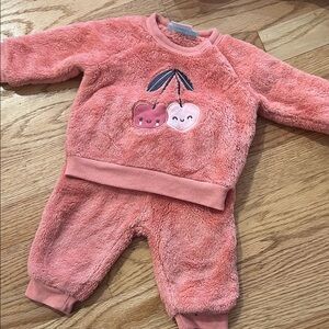 Pink Fuzzy Baby sweatsuit with Cherry Design